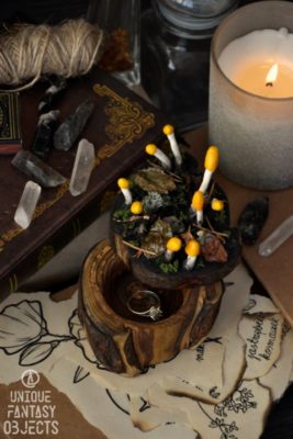 Drewniane pudełko z bagiennymi grzybkami z gliny (Unique Fantasy Objects)