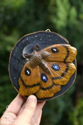 Drewniany krążek na ścianę ozdobiony ćmą i nocnym niebem (2) (Unique Fantasy Objects)