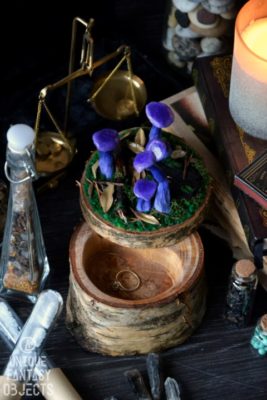 Drewniane pudełko na skarby z fioletowymi grzybami (Unique Fantasy Objects)