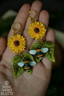 Kolczyki ze słonecznikiem i trzmielami (Unique Fantasy Objects)