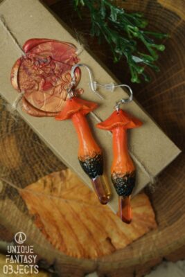Kolczyki z pomarańczowymi grzybami i kwarcem miodowym (Unique Fantasy Objects)
