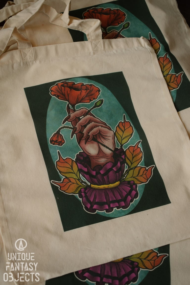 Bawełniana torba z ręką z kwiatem (Unique Fantasy Objects)