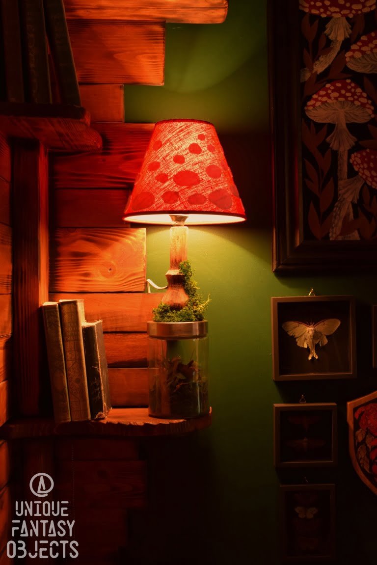 Lampa w kształcie muchomora z leśnym słojem (Unique Fantasy Objects)