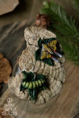 Kolczyki z ćmą actias isis oraz jej gąsienicą (Unique Fantasy Objects)