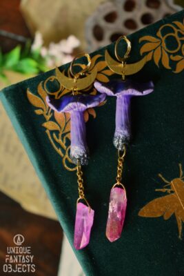 Kolczyki z grzybem lakówka ametystowa i kwarcem (Unique Fantasy Objects)
