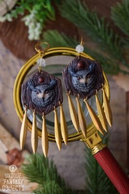 Kolczyki z puchaczem zwyczajnym i bawolim okiem (Unique Fantasy Objects)