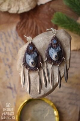 Kolczyki z wilkiem i agatem szarym (Unique Fantasy Objects)