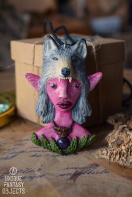 Naszyjnik z leśnym elfem, wilkiem i ametystem (Unique Fantasy Objects)