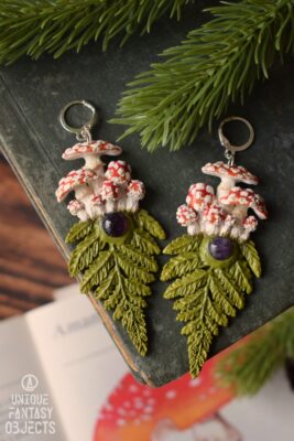 Kolczyki z muchomorami, paprocią i ametystem (Unique Fantasy Objects)