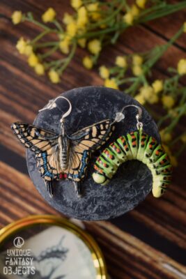 Kolczyki z rzeźbą motyla paź królowej oraz jego gąsienicy (Unique Fantasy Objects)