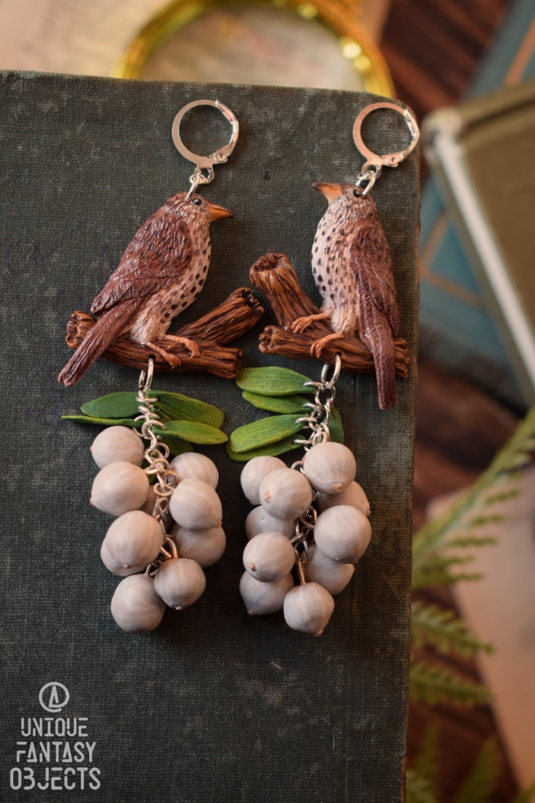 Kolczyki z śpiewakiem drozdem i jemiołą (Unique Fantasy Objects)