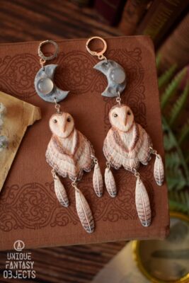 Kolczyki z płomykówką zwyczajną i agatem szarym (Unique Fantasy Objects)