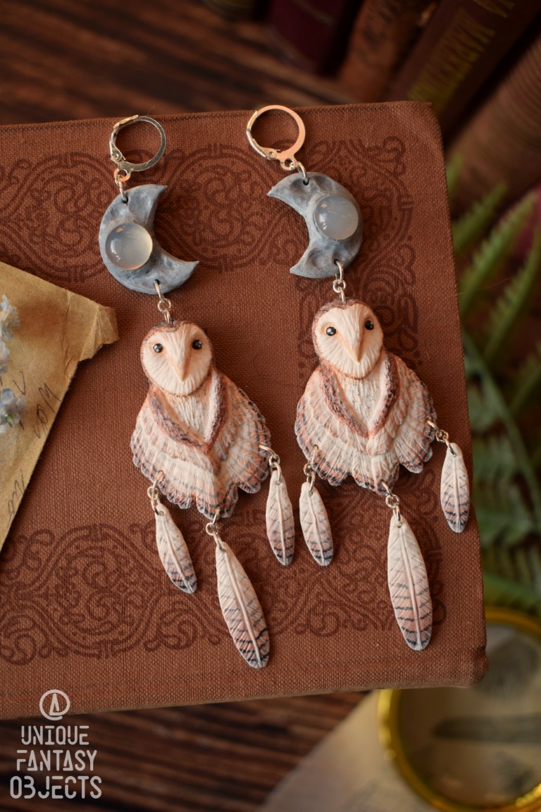 Kolczyki z płomykówką zwyczajną i agatem szarym (Unique Fantasy Objects)