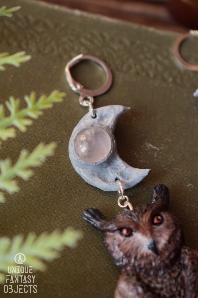 Kolczyki z puchaczem zwyczajnym i kryształem górskim (Unique Fantasy Objects)