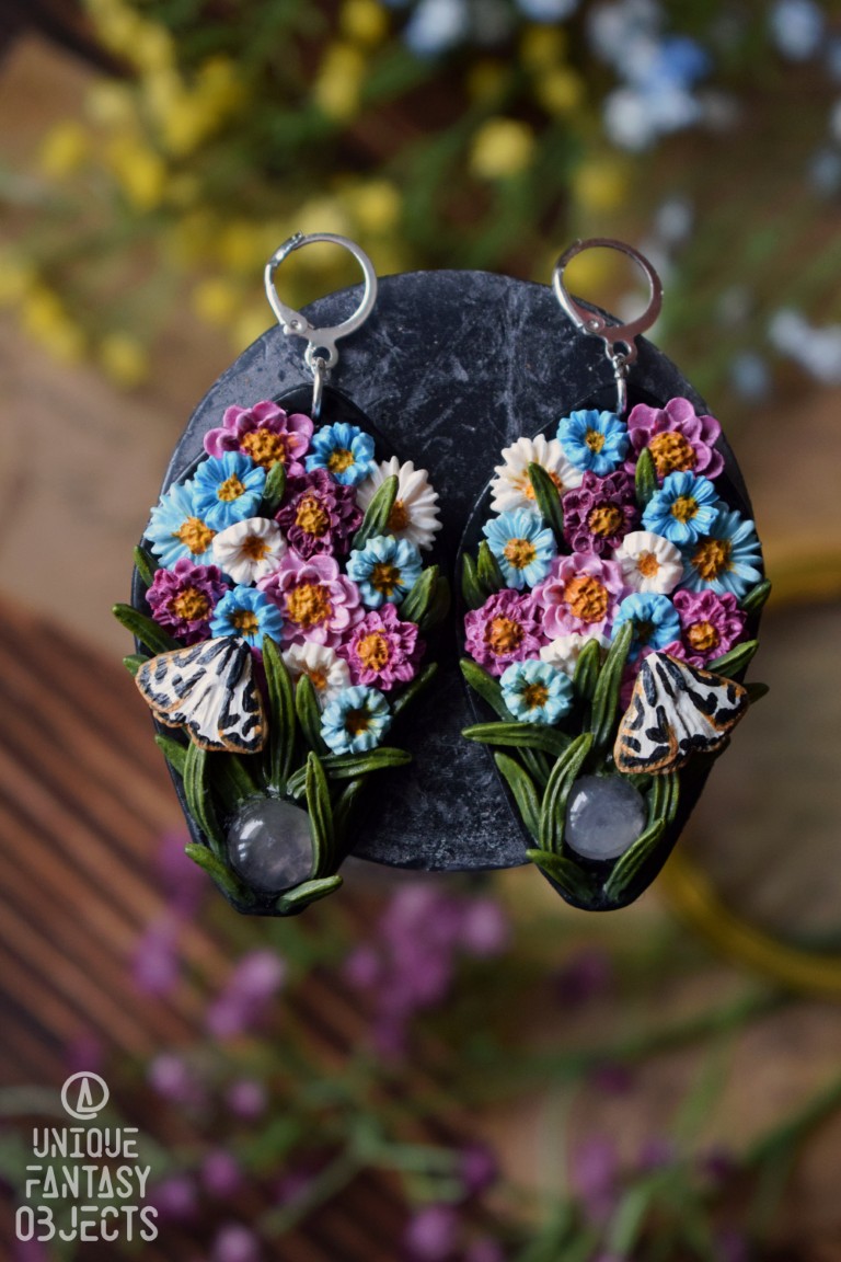 Kolczyki z kwiatami i kwarcem różowym (Unique Fantasy Objects)
