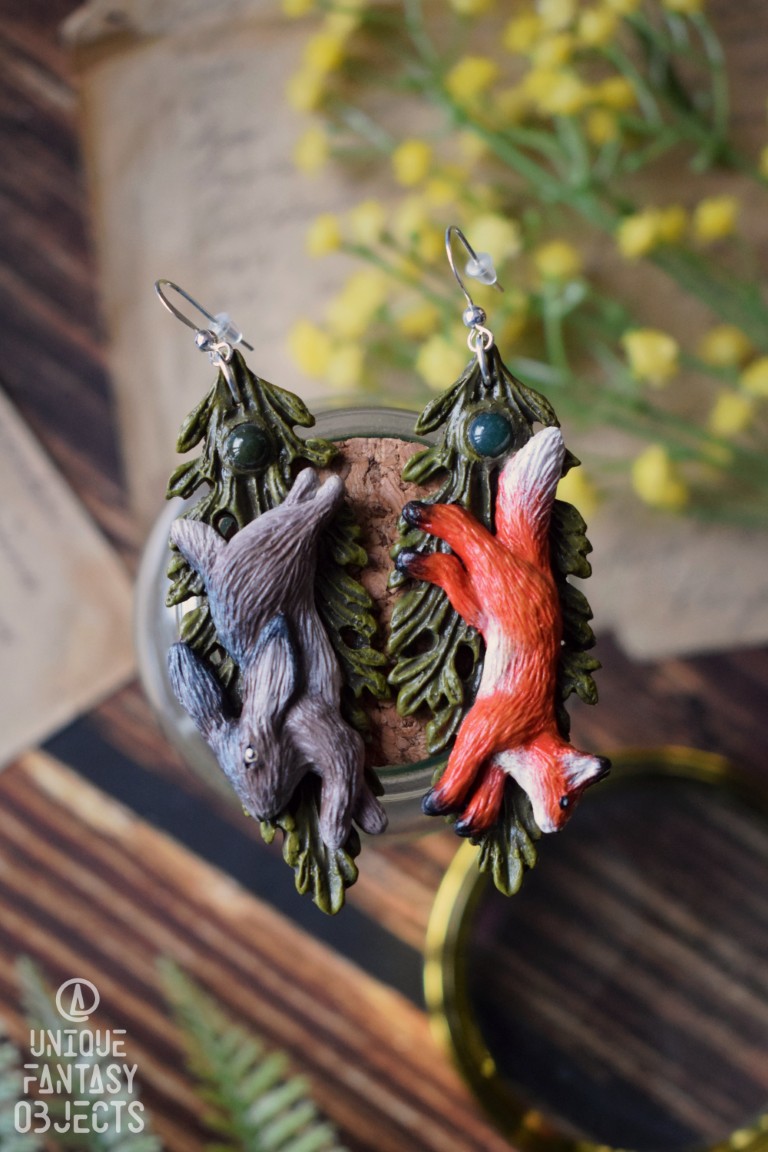 Kolczyki z lisem i zającem i agatem Kolczyki z lisem i zającem i agatem (Unique Fantasy Objects)