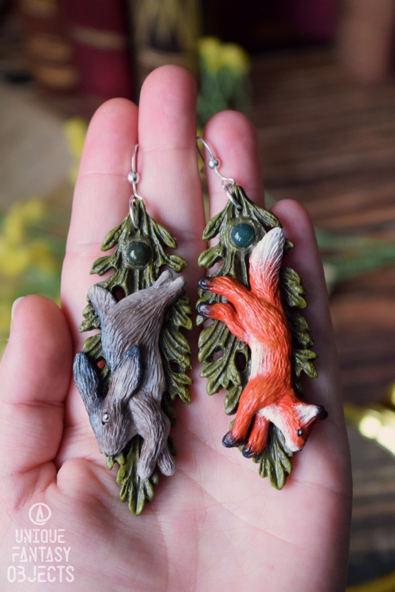 Kolczyki z lisem i zającem i agatem Kolczyki z lisem i zającem i agatem (Unique Fantasy Objects)