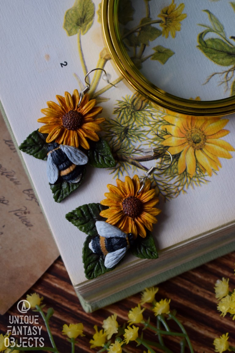 Kolczyki z trzmielem na słoneczniku (Unique Fantasy Objects)