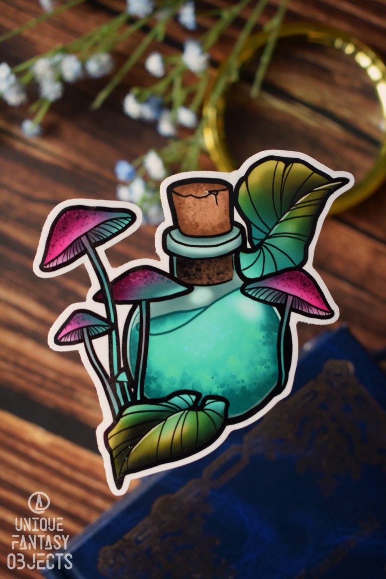 Naklejka z niebieskim eliksirem i grzybami (Unique Fantasy Objects)