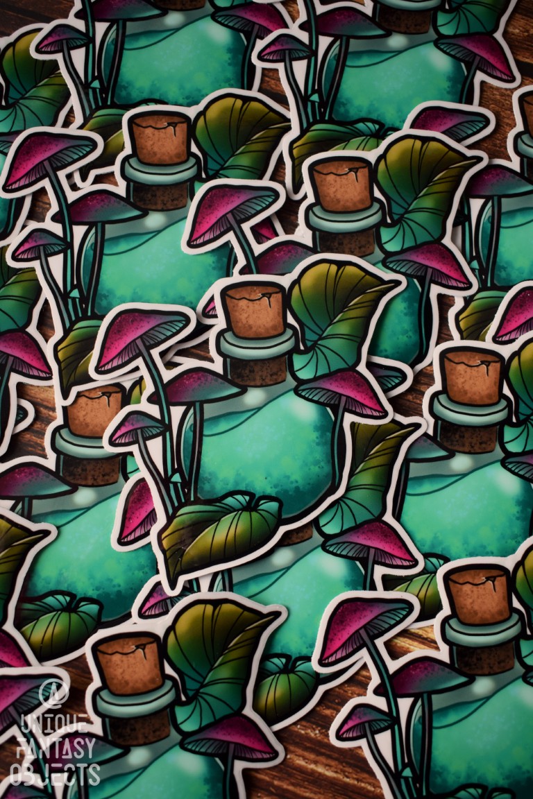 Naklejka z niebieskim eliksirem i grzybami (Unique Fantasy Objects)