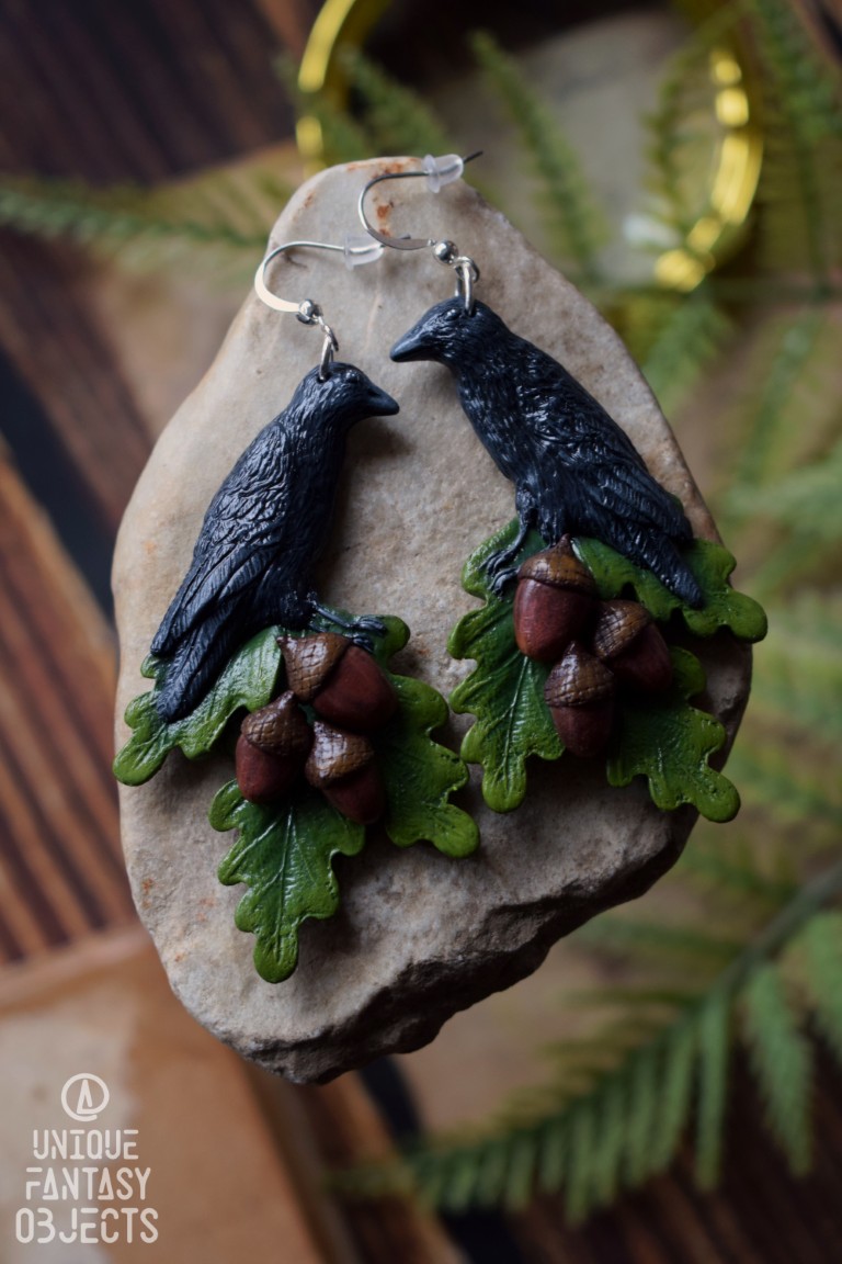 Kolczyki z krukami na liściu i żołędziami (Unique Fantasy Objects)